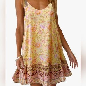 Boho Yellow & Brown Floral Ruffled Beach Vacation Mini Slip Sundress S